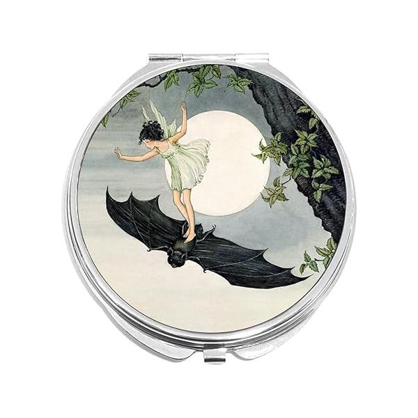 NewCharms Girl Riding Bat Art Nouveau Compact with Mirrors - Perfect Pocket and Purse Size Folding Mirror for Applying Make Up Anywhere