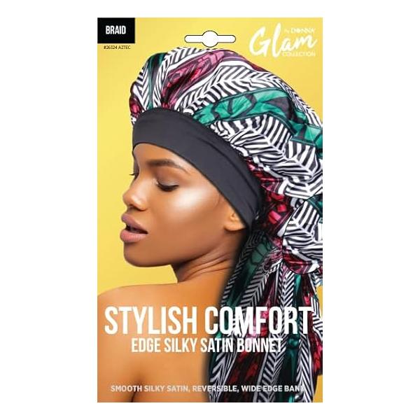 DONNA Stylish Edge Reversible Silky Bonnet, Shower Cap for Women Silk Bonnet Sleeping Satin Braid AZTEC