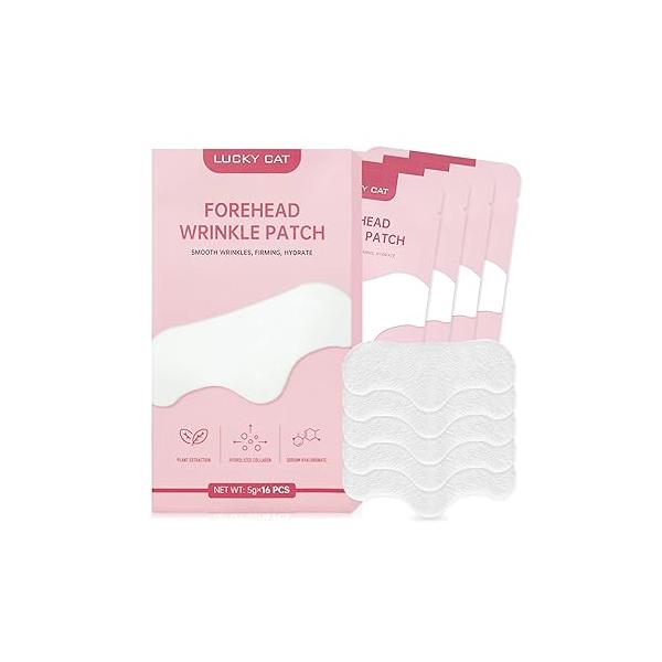 LUCKY CAT Forehead Wrinkle Patches 16 Pcs, Remover Facial Patch With Collagen Overnight Hydrating Treatment for Anti Fine & Deep Lines