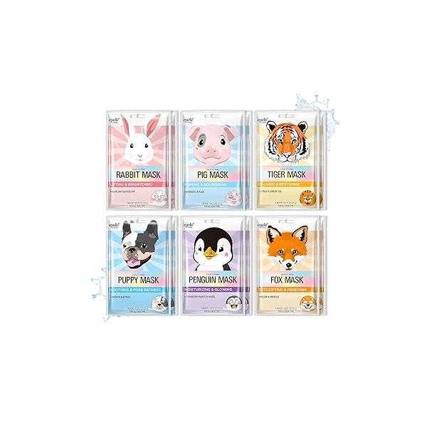 Epielle Animal Character Sheet Masks 6 Pack, Moisturizing & Hydrating Face Mask with Hyaluronic Acid Botanical Extract, Korean Skin Care, Girls Spa Party Favors, Sleepover, Self Care Gifts for Women