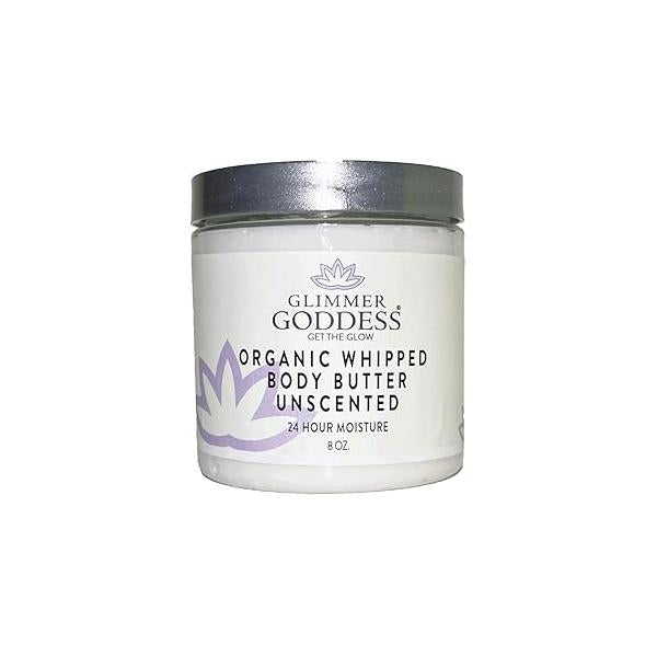 GLIMMER GODDESS Organic Whipped Body Butter - Unscented, Vegan, 24 hour Hydration, Reduces Stretch Marks, For Eczema and all Skin Types, Baby Friendly, Ingredients 8 oz