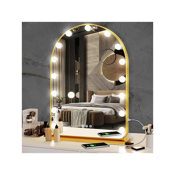 THEKLA Hollywood Makeup Vanity Mirror with Lights Dimmable 3 Color 15 Bulbs Lighted for Bedroom Wall Detachable Base Stand X10 Magnifying Desk Table