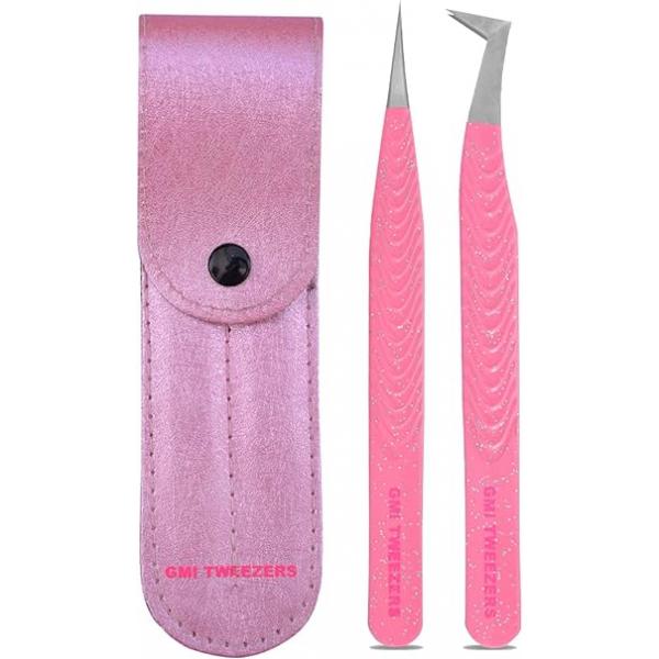 Elegant Fiber Tip Glitter Tweezer Set in Pink - Straight and L Shape for Precision Beauty.