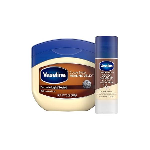 Vaseline Rich Moisturizing Healing Jelly Cocoa Butter, 13 oz Bundled with Shimmer Stick, 1.4 oz. Provides Radiant and Shimmering Moisturized Skin Pleasant Scent