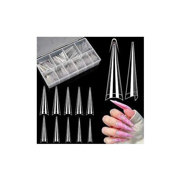 Clear Stiletto Nail Tips, No C Curve Medium Tip for Acrylic Nails Professional, 550PCS Soft Gel Tips Half Cover Almond Fake Extension Salon Home DIY