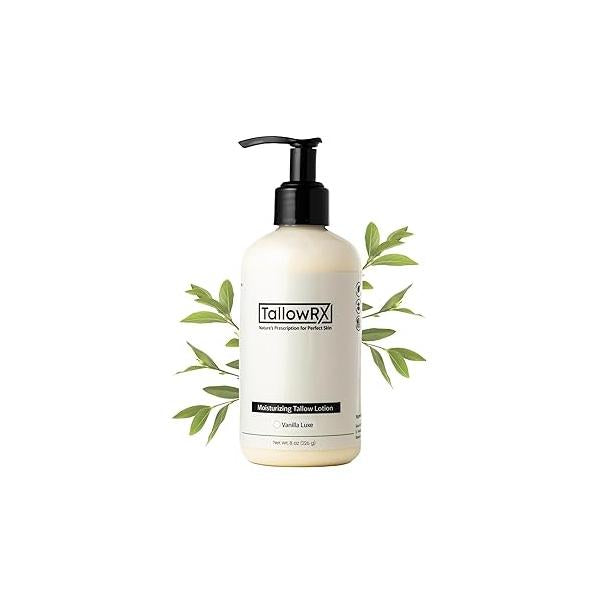 Beef Tallow Lotion for Skin, Face & Body - Luxurious Moisturizer with Grass Fed Tallow, Organic Aloe, Vitamin E Arrowroot (8 oz, Vanilla)
