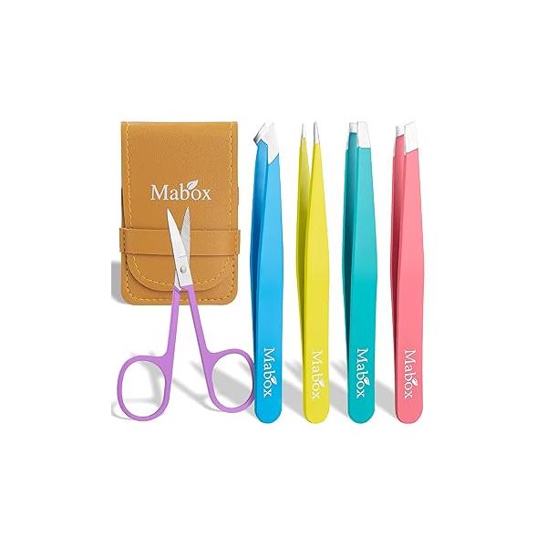 Professional Tweezer Set with Case - 4 Pieces Slanted and Pointed Stainless Steel Set, Precision Slant Tweezers for Eyebrows, Facial Hair, Ingrown Splinter Blackhead (Black)