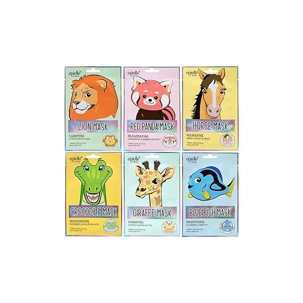 Epielle Animal Character Sheet Masks 6 Pack, Moisturizing & Hydrating Face Mask with Hyaluronic Acid Botanical Extract, Korean Skin Care, Girls Spa Party Favors, Sleepover, Self Care Gifts for Women