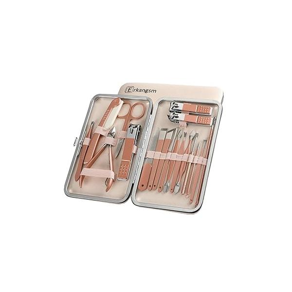 Professional Manicure Pedicure Stainless Set - Erkangsm 18 in 1 Grooming Kit,Nail Clippers,Toenails Scissors,Ear Pick,Nail Tools with PU Leather Travel Case (Black)