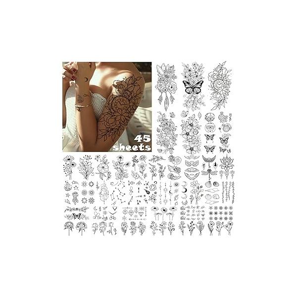 Cerlaza 45 Sheets Temporary Tattoos for Women, Butterfly Flower Fake Tattoo Stickers Body Decor, Realistic Semi Permanent Long Lasting Adults