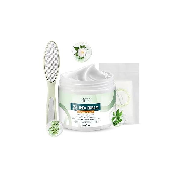 Urea Cream 45% for Feet with Maximum Strength Moisturizing, 2% Salicylic Acid, Dry and Cracked Heel, Foot, Elbows, Dead Skin Calluses Remover, 5.29 OZ, Foot File, Mask Cover (10 pairs)