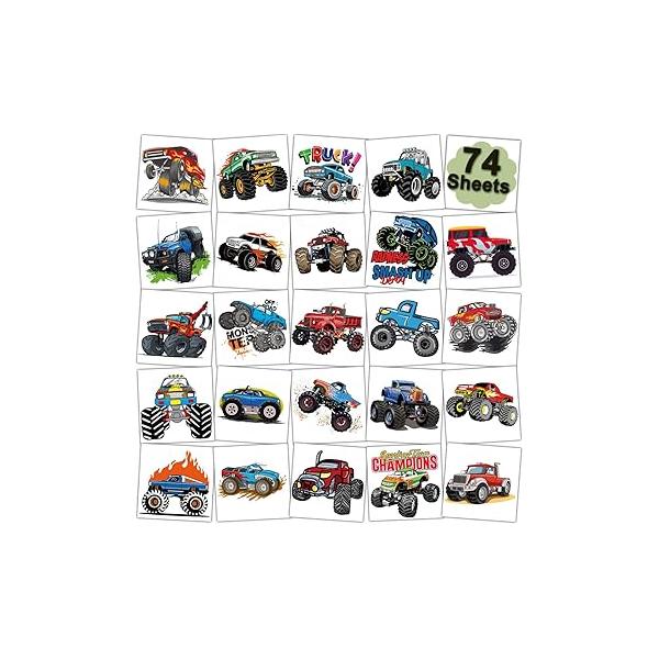 Monster Truck Temporary Tattoos for Kids Party Supplies - 74 Individually Sheets Boys Birthday Favors Goodie Bag Fillers