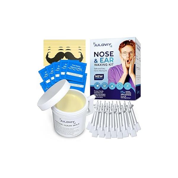 Nose Wax Kit, 120 g Wax, 30 Applicators,Nostril and Ears Hair Removal Kit for Men & Women,Includes 15 Balm Wipes Mustache Guards etc. Lasts up to 6 Weeks