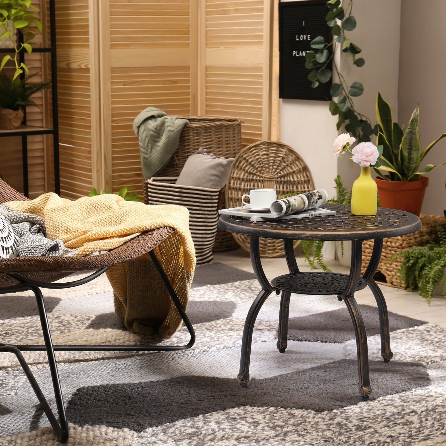 Funnil Outdoor Bistro Table, Cast Aluminum Round End Table, Patio Coffee Table for Indoor Garden Porch Balcony, Antique Bronze