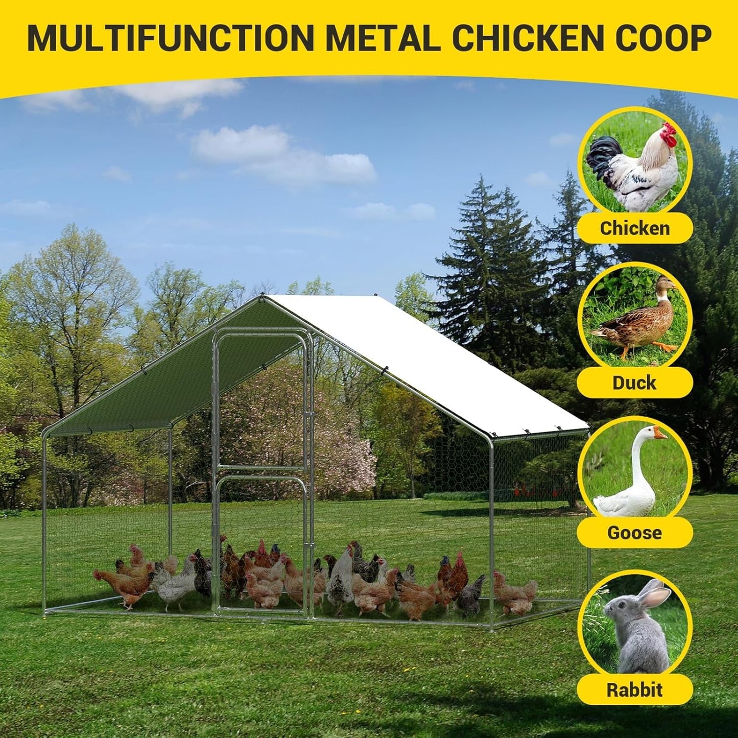 Large Metal Chicken Coop Run with Double Doors & Waterproof Roof Cover, Outdoor Walk-in Cage Peak Hen House for Yard Farm, 9.8' W x 6.5' D x 6.5' H