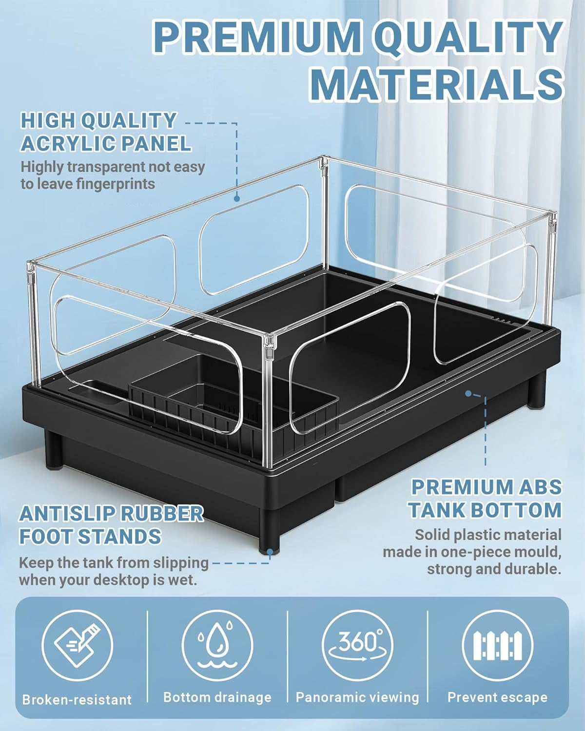 Small Turtle Tank Kit(Tank+Lamp+Filter), Acrylic Turtle Starter Kit with Adjustable Lamp, Reptile Habitat and Terrarium with Multi-Functional Areas for Small Reptiles. (Black Kit)